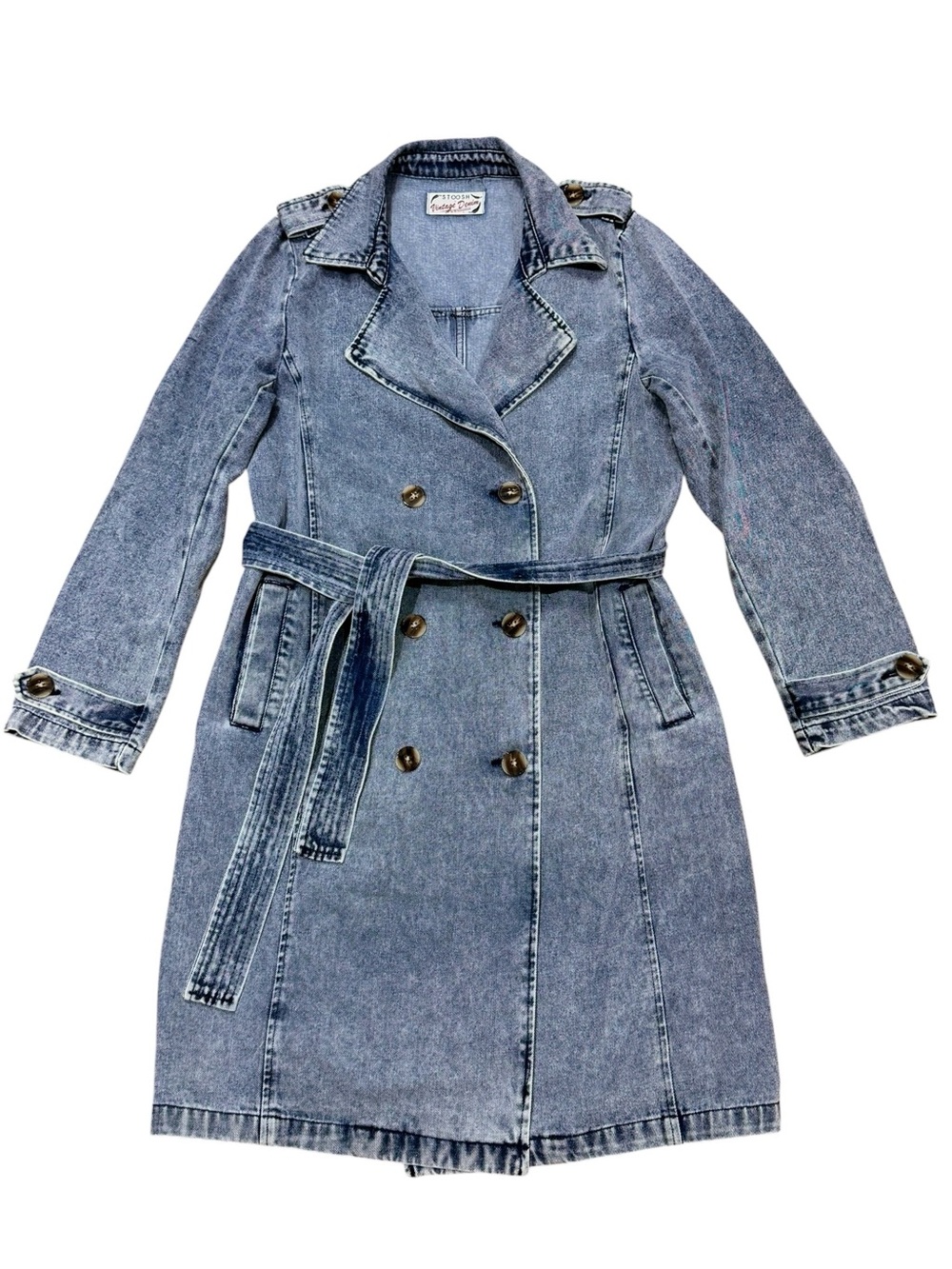 Stoosh Vintage Denim Sz M Classic Denim Trench Coat Light Blue Jean Jacket